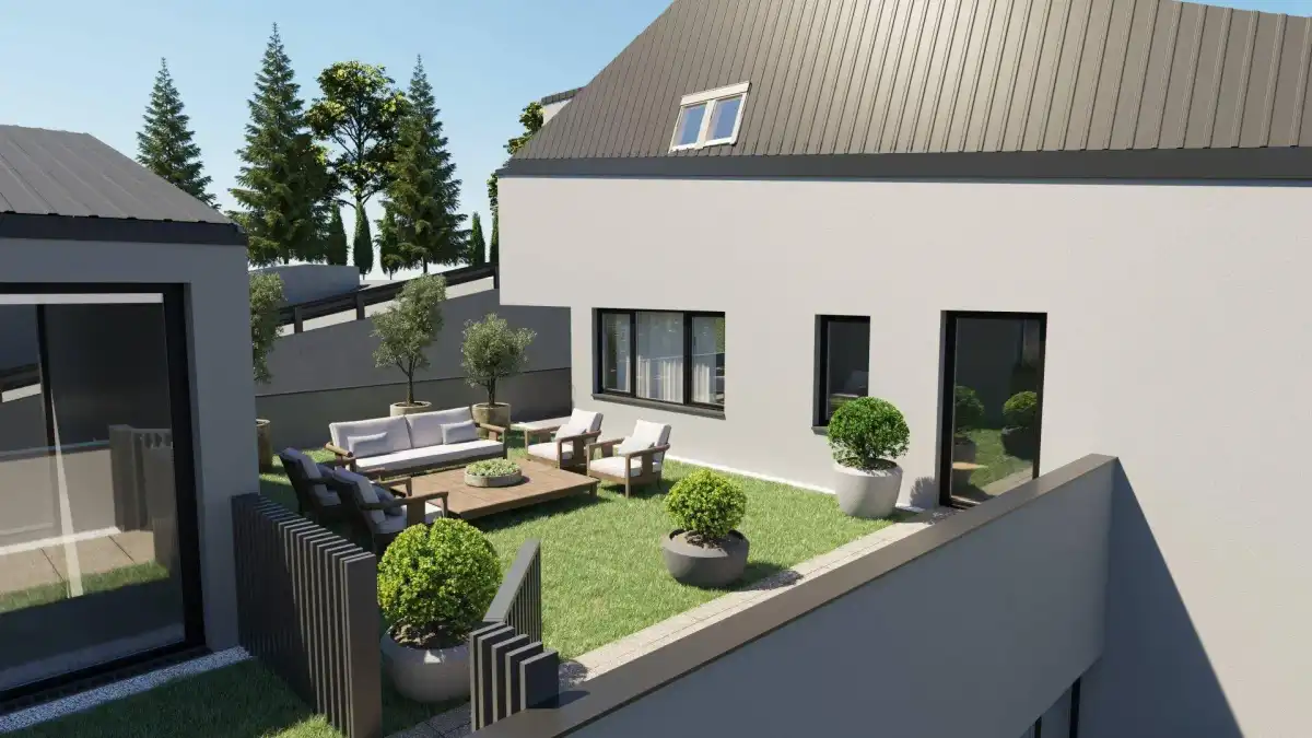 Moderne Dachterrasse mit Sitzgelegenheiten und Grünflächen, umgeben von Bäumen.