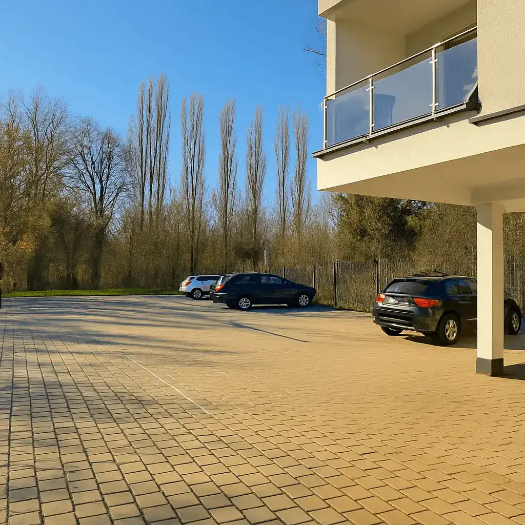 Großer Außenparkplatz mit gepflasterter Fläche und angrenzendem Gebäude mit Balkon.