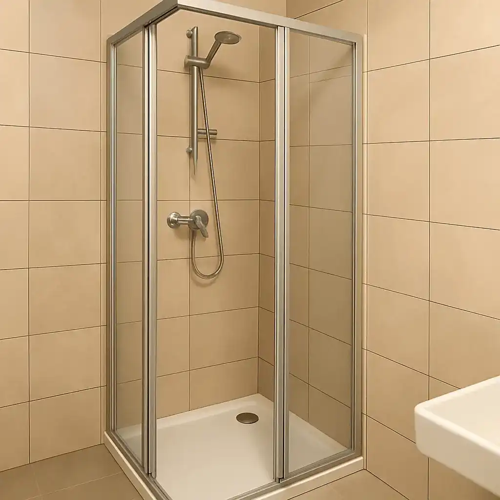 Modernes Badezimmer mit Duschkabine und beigefarbenen Fliesen.