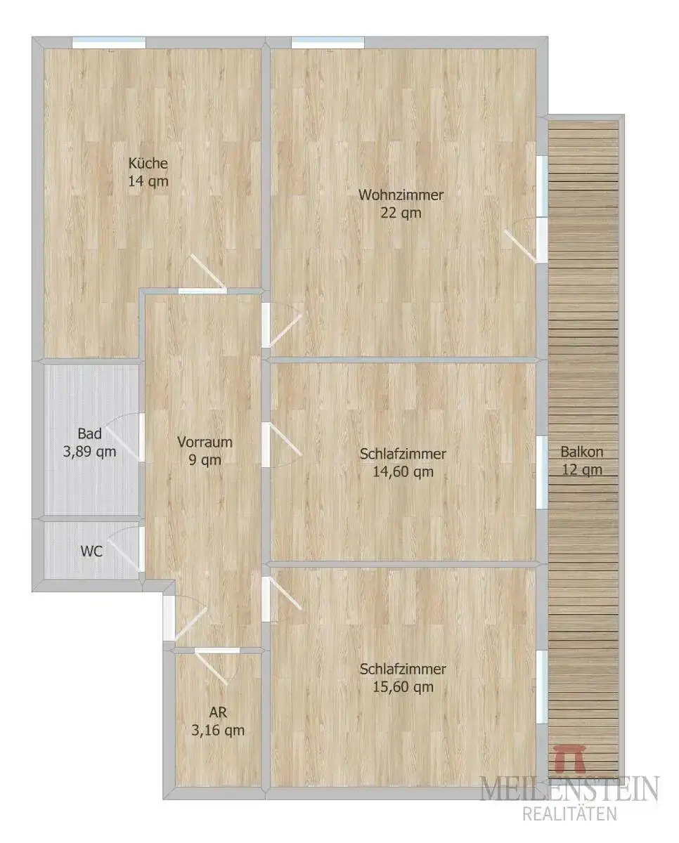 Grundriss einer Wohnung mit drei Zimmern, separater Küche und einem Balkon.