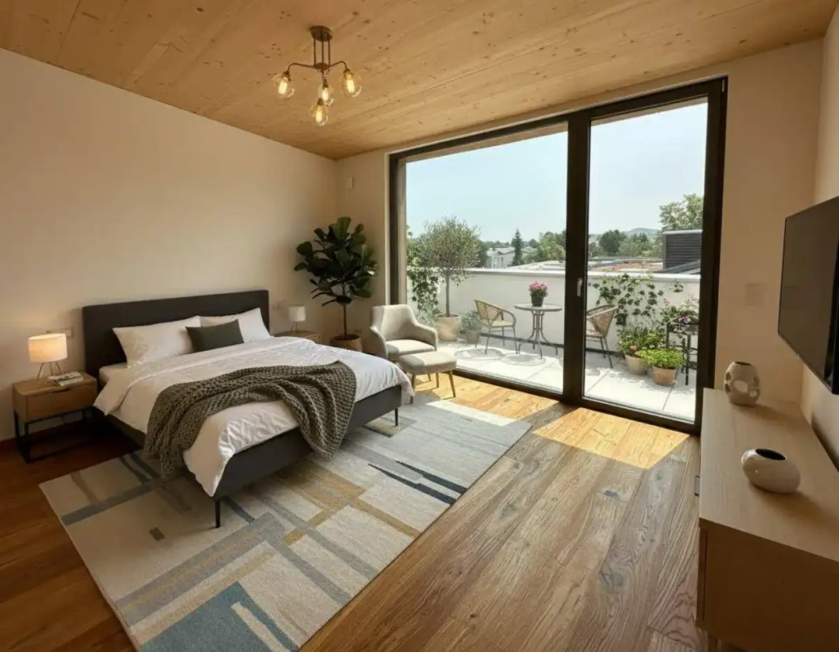 Helles Schlafzimmer mit Holzboden, Holzdecke und Zugang zu einem möblierten Balkon mit Aussicht.