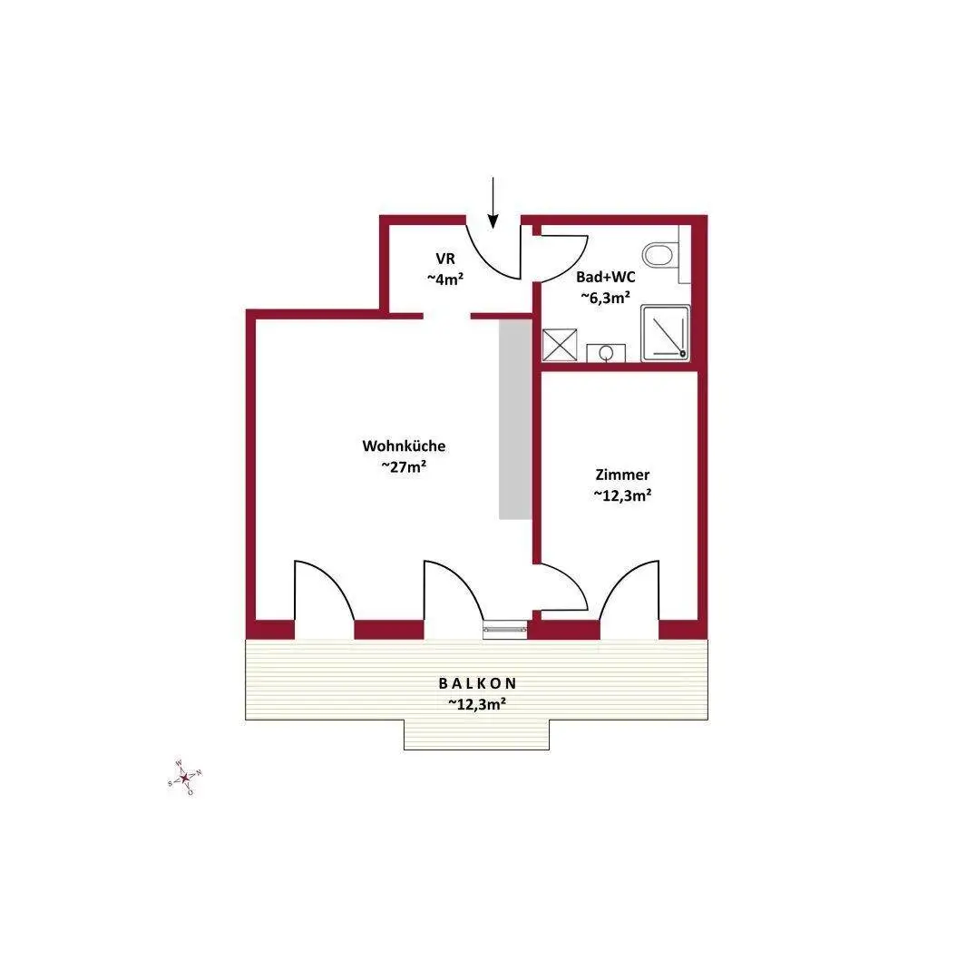 Grundrissplan einer Wohnung mit Wohnküche, Bad und Balkon.