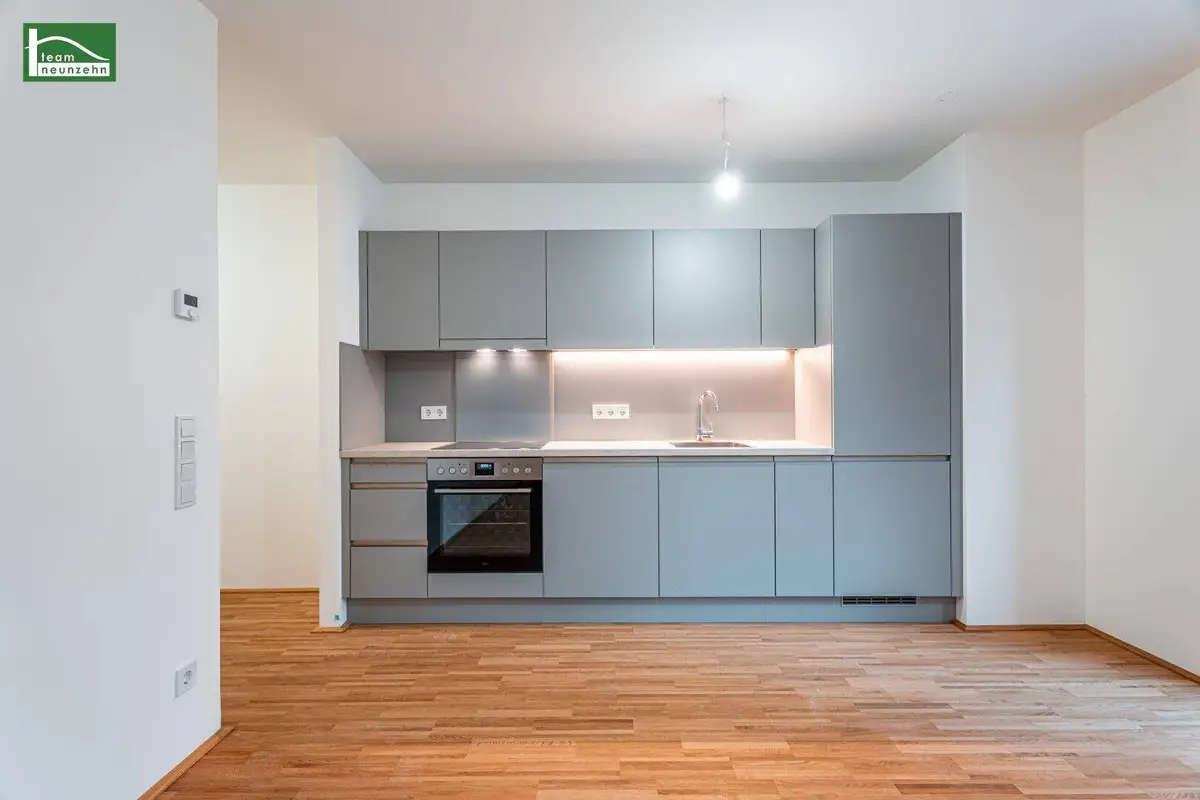 Moderne Einbauküche in Grau mit integrierten Geräten und Unterbauleuchten.