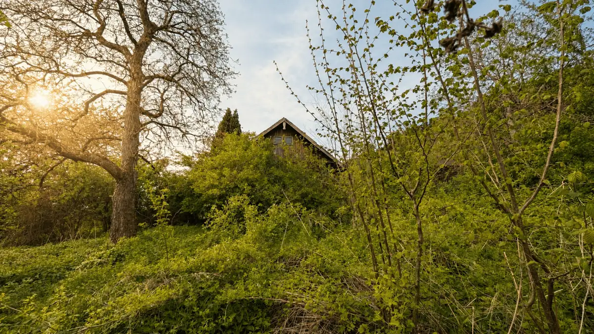 Kleines, verstecktes Gebäude mit Giebeldach, umgeben von dichtem Grün und Bäumen im Sonnenlicht.