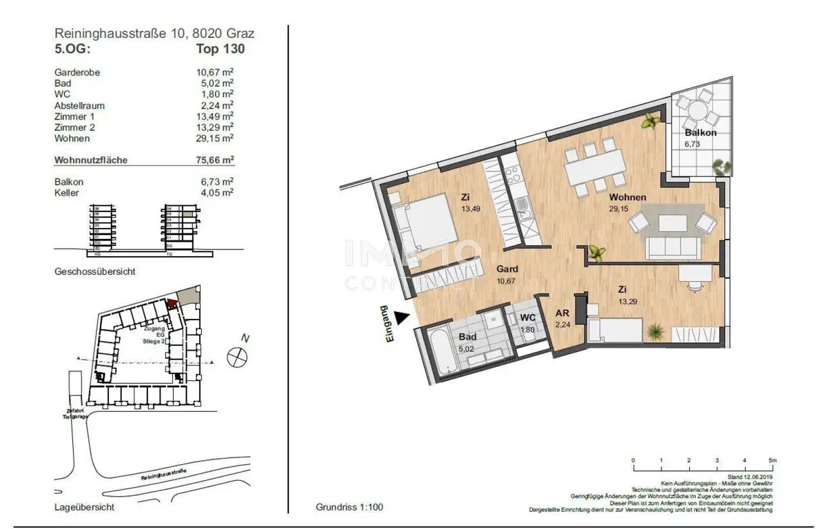 Detaillierter Grundriss der Wohnung Top 130 im 5. Obergeschoss mit Wohnbereich und Balkon.