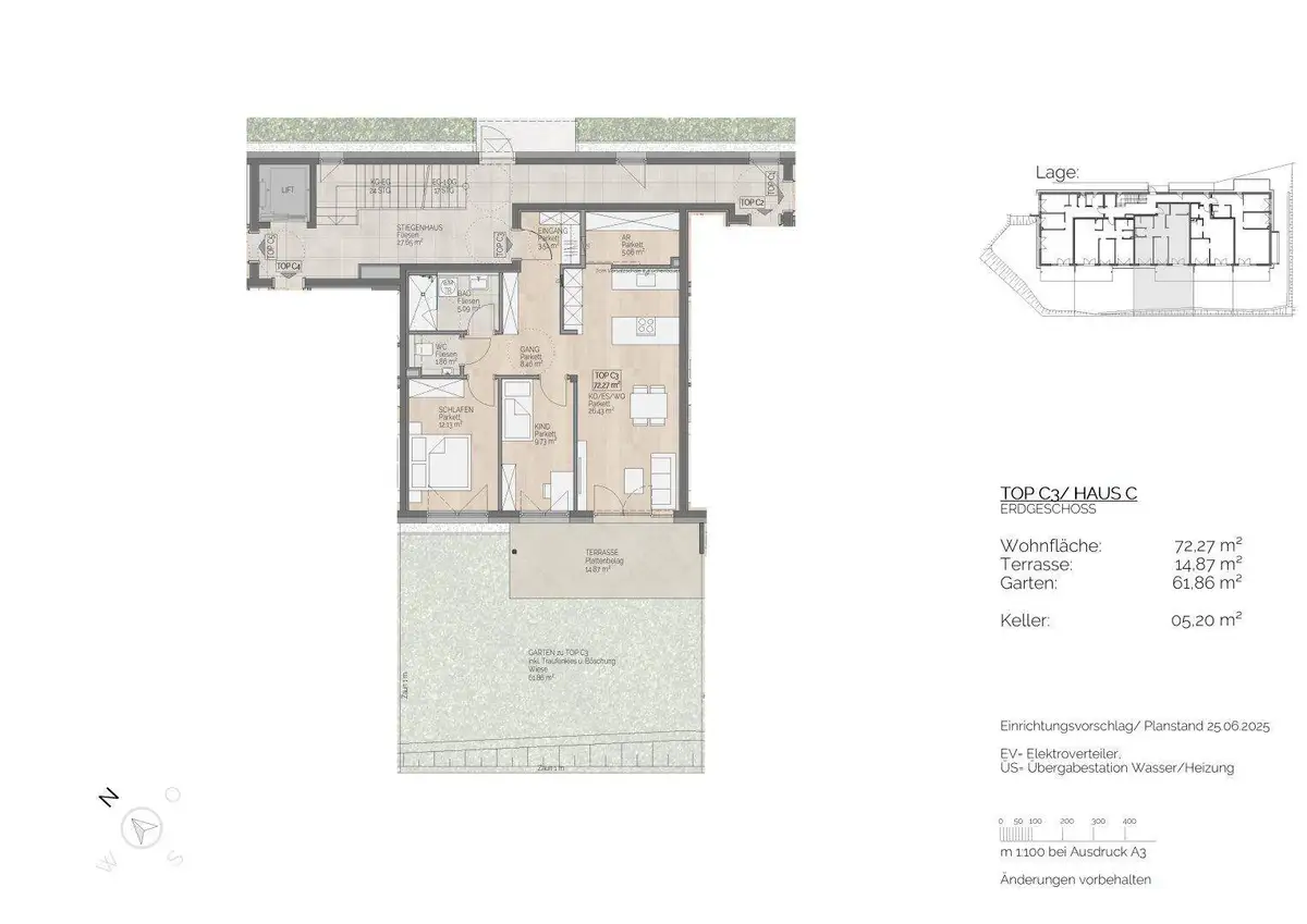 Grundriss einer Erdgeschosswohnung mit Terrasse, Garten und offenem Wohnbereich.