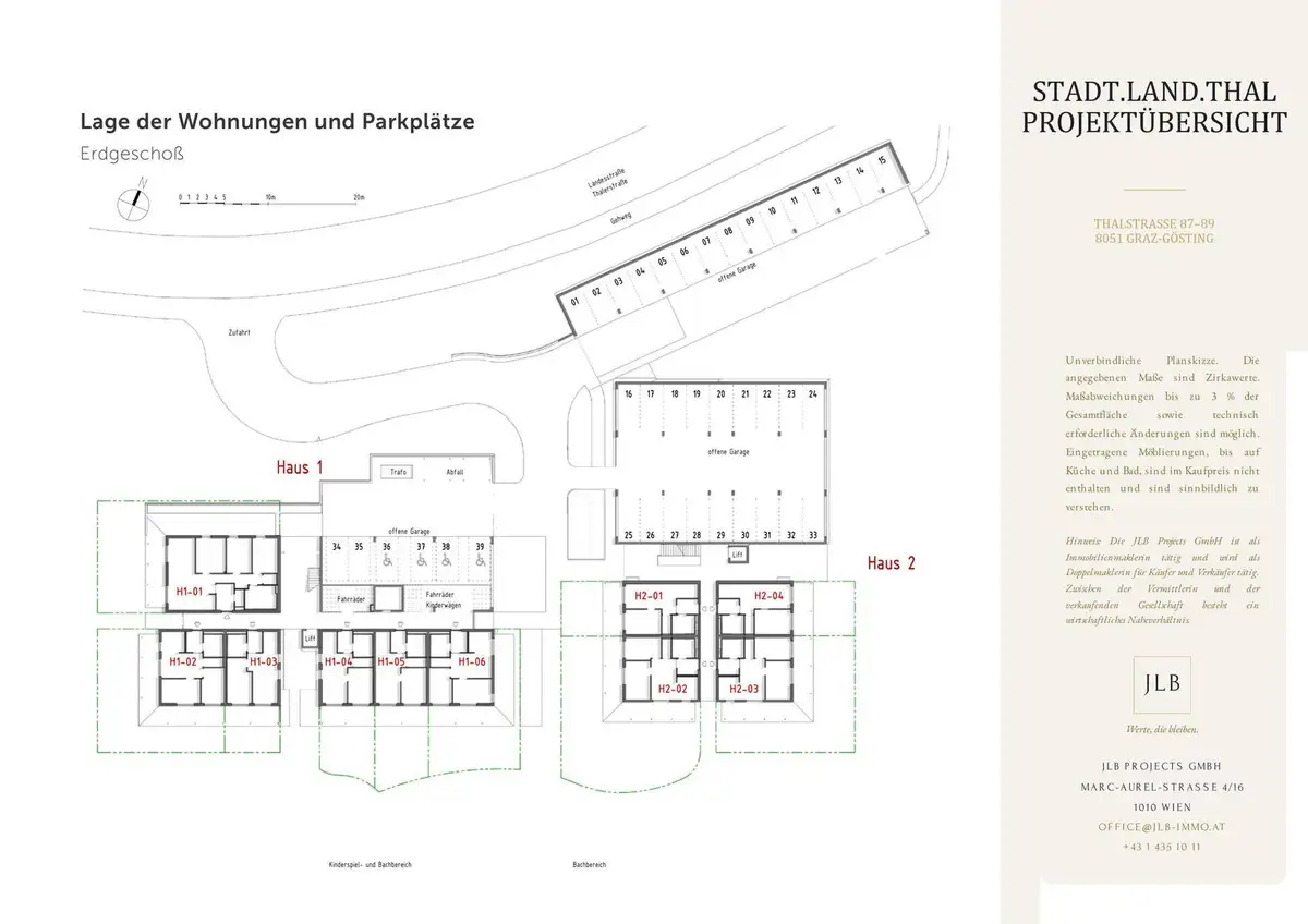 Übersichtsplan des Erdgeschosses mit mehreren Wohneinheiten, Parkplätzen und Gartenbereichen für Haus 1 und Haus 2.