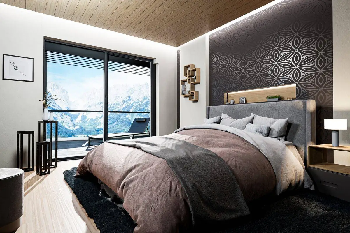 Modernes Schlafzimmer mit großem Bett, Holzakzenten und beeindruckendem Bergblick.